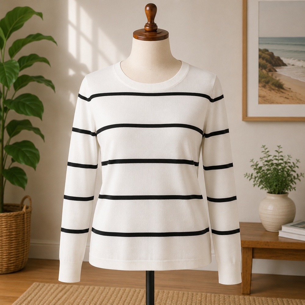 NWT Bobeau Striped Crew Neck Sweater‎ Womens XL White Black Long Sleeve Knit Top